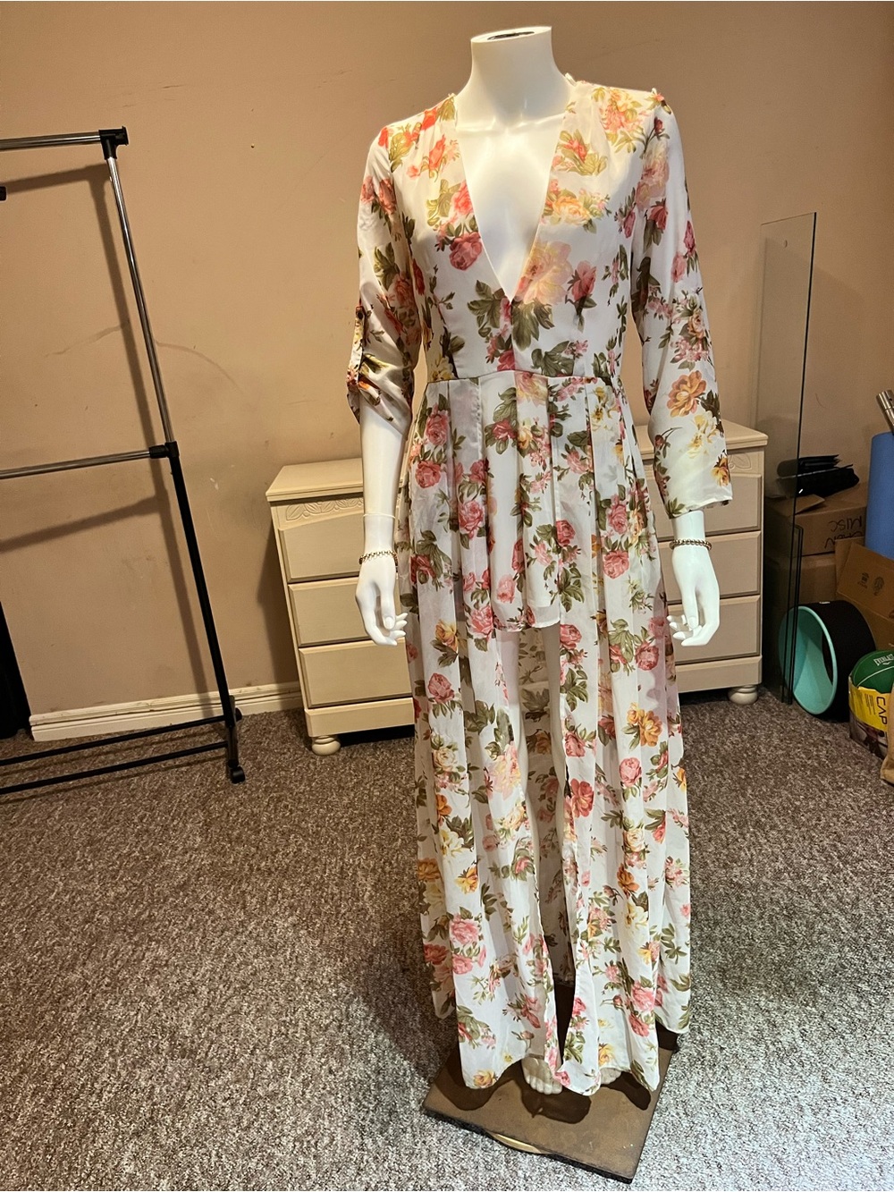 UK2LA Floral Maxi Jumpsuit in Cream, Pink and Green